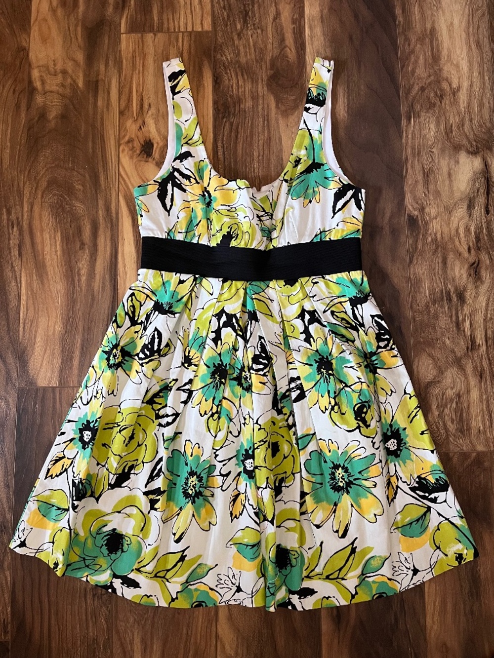 Like-New Arden B Bright Floral Fit-and-Flare Dress with Black Waistband